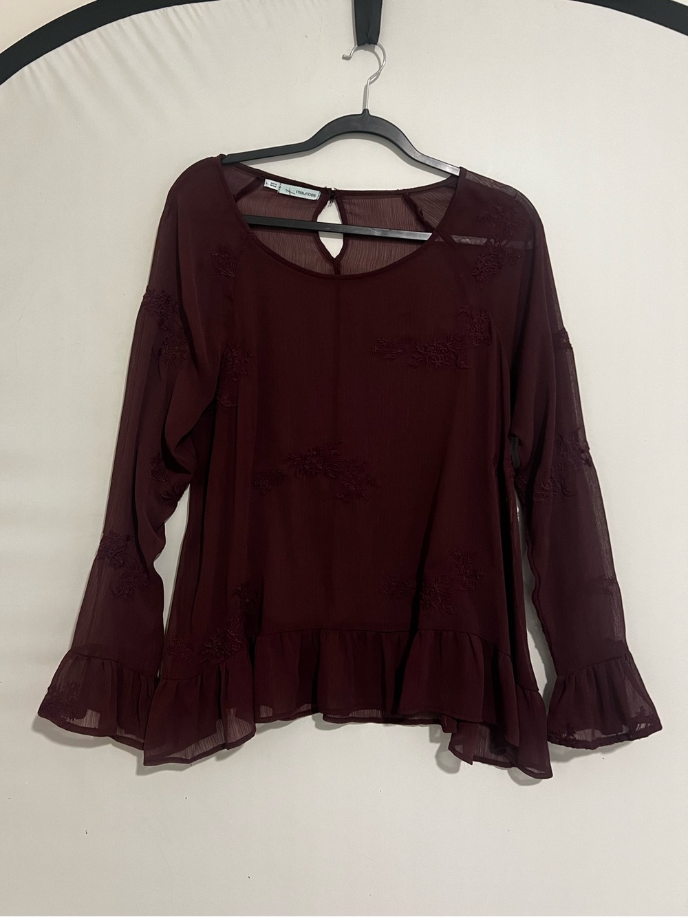 Maurices Top Large Maroon Peplum Y2K Whimsigoth Sheer Embroidered Flare Fairy